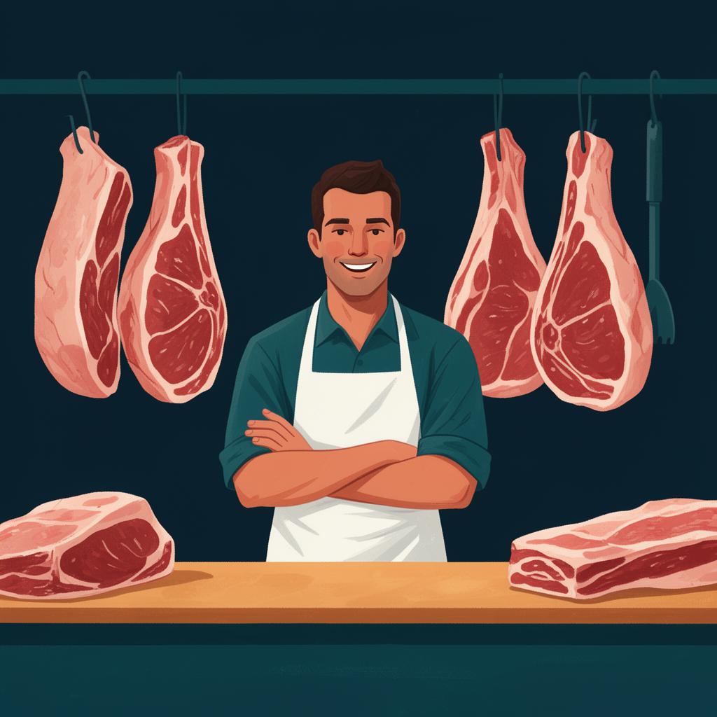 Illustration d'un boucher fier devant son comptoir